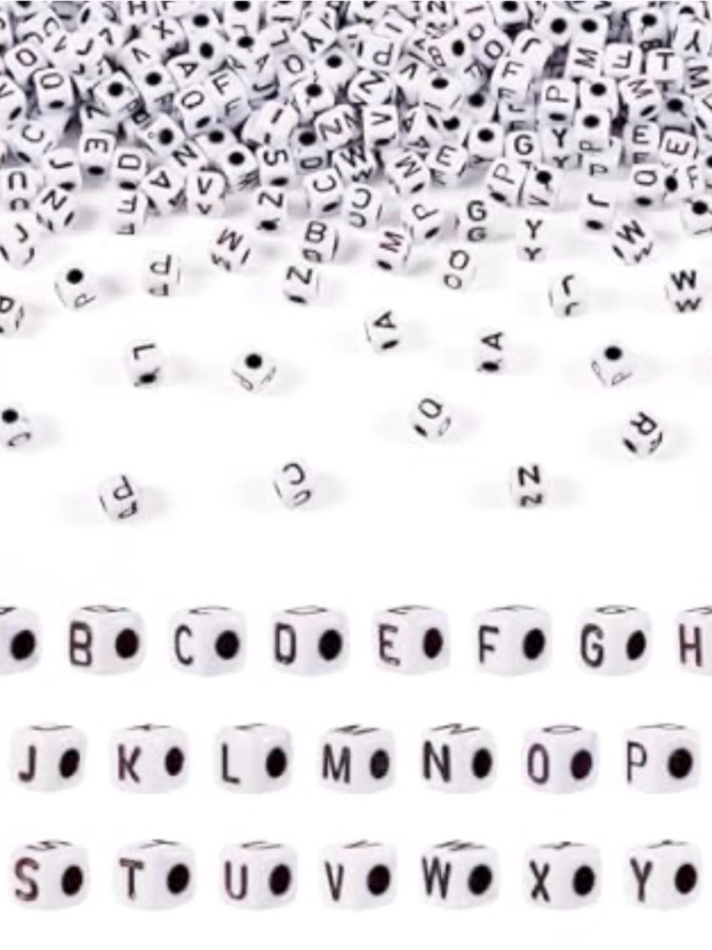 Alphabet Beads in Clear Storage Case - White Cube Black Square Letters - Variety
